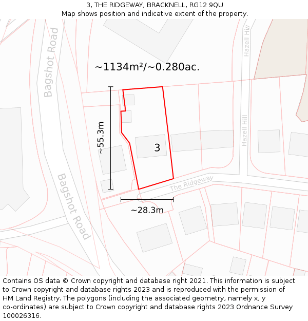 3, THE RIDGEWAY, BRACKNELL, RG12 9QU: Plot and title map