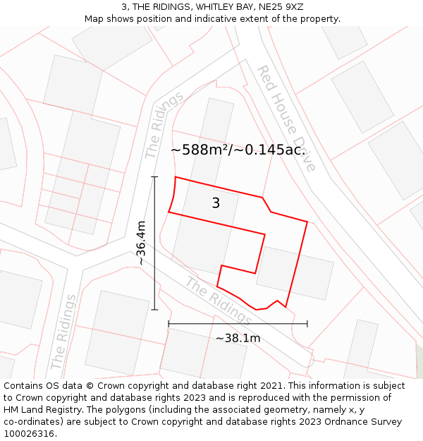 3, THE RIDINGS, WHITLEY BAY, NE25 9XZ: Plot and title map