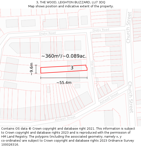 3, THE WOOD, LEIGHTON BUZZARD, LU7 3DQ: Plot and title map