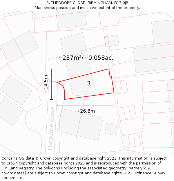 3, THEODORE CLOSE, BIRMINGHAM, B17 0JR: Plot and title map