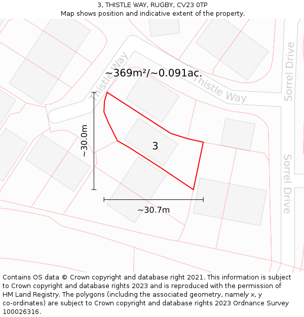 3, THISTLE WAY, RUGBY, CV23 0TP: Plot and title map