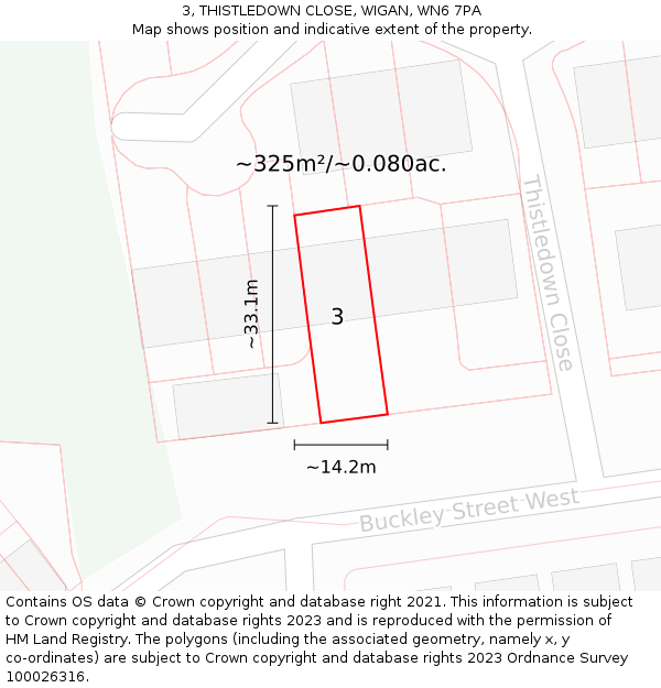 3, THISTLEDOWN CLOSE, WIGAN, WN6 7PA: Plot and title map