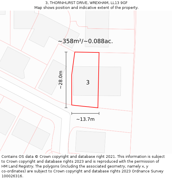 3, THORNHURST DRIVE, WREXHAM, LL13 9GF: Plot and title map