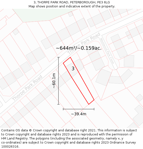 3, THORPE PARK ROAD, PETERBOROUGH, PE3 6LG: Plot and title map