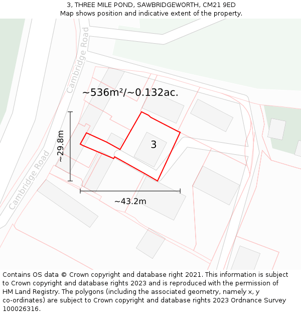 3, THREE MILE POND, SAWBRIDGEWORTH, CM21 9ED: Plot and title map