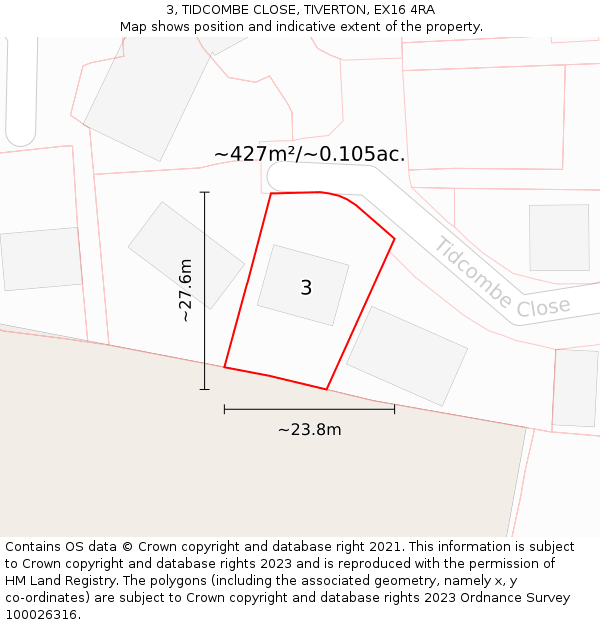 3, TIDCOMBE CLOSE, TIVERTON, EX16 4RA: Plot and title map