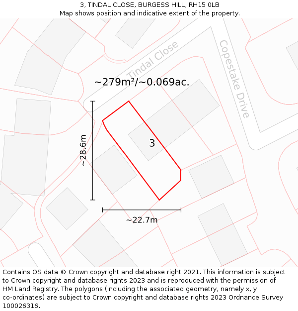 3, TINDAL CLOSE, BURGESS HILL, RH15 0LB: Plot and title map