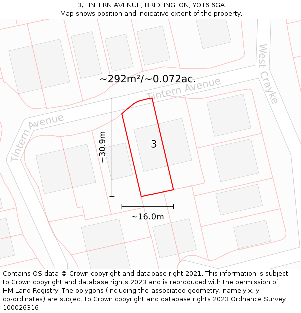 3, TINTERN AVENUE, BRIDLINGTON, YO16 6GA: Plot and title map