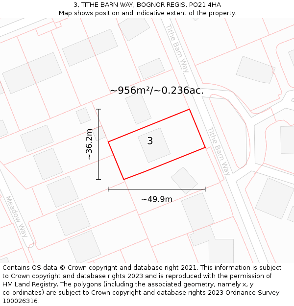 3, TITHE BARN WAY, BOGNOR REGIS, PO21 4HA: Plot and title map