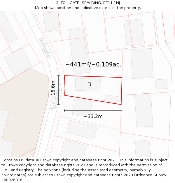 3, TOLLGATE, SPALDING, PE11 1NJ: Plot and title map