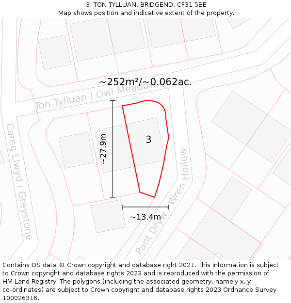 3, TON TYLLUAN, BRIDGEND, CF31 5BE: Plot and title map