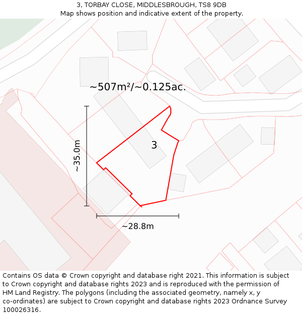 3, TORBAY CLOSE, MIDDLESBROUGH, TS8 9DB: Plot and title map