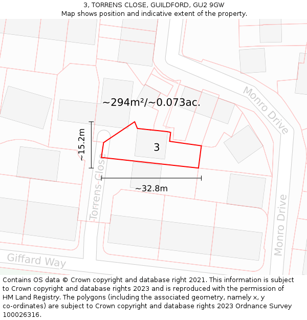 3, TORRENS CLOSE, GUILDFORD, GU2 9GW: Plot and title map