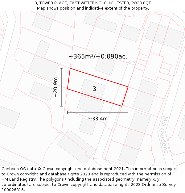 3, TOWER PLACE, EAST WITTERING, CHICHESTER, PO20 8QT: Plot and title map