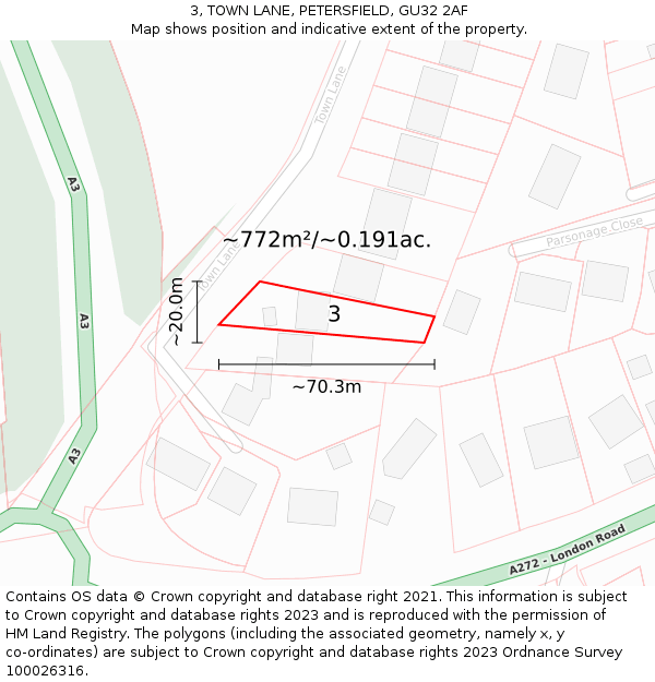 3, TOWN LANE, PETERSFIELD, GU32 2AF: Plot and title map