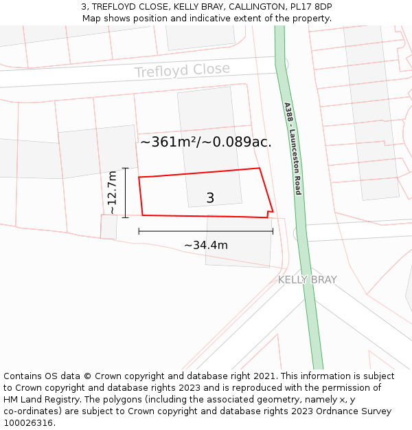 3, TREFLOYD CLOSE, KELLY BRAY, CALLINGTON, PL17 8DP: Plot and title map