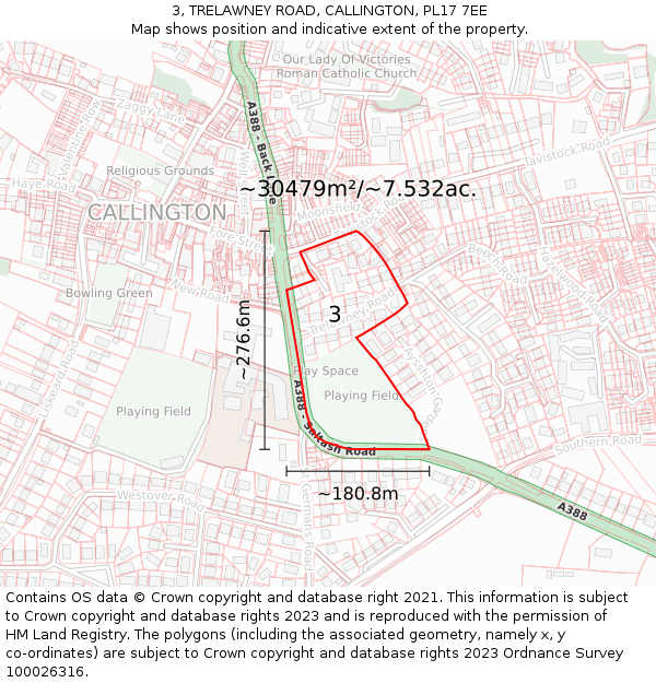 3, TRELAWNEY ROAD, CALLINGTON, PL17 7EE: Plot and title map