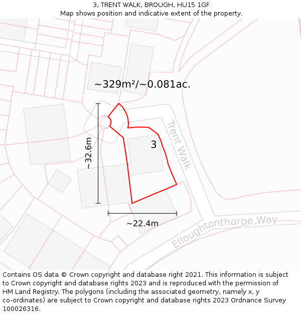 3, TRENT WALK, BROUGH, HU15 1GF: Plot and title map