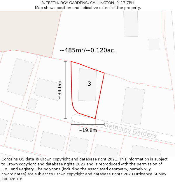 3, TRETHURGY GARDENS, CALLINGTON, PL17 7RH: Plot and title map