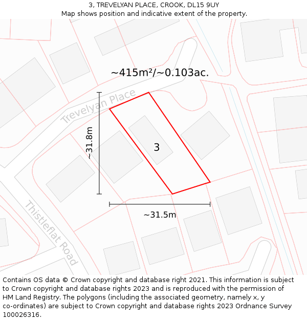 3, TREVELYAN PLACE, CROOK, DL15 9UY: Plot and title map