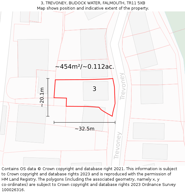3, TREVONEY, BUDOCK WATER, FALMOUTH, TR11 5XB: Plot and title map