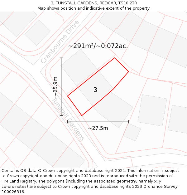 3, TUNSTALL GARDENS, REDCAR, TS10 2TR: Plot and title map