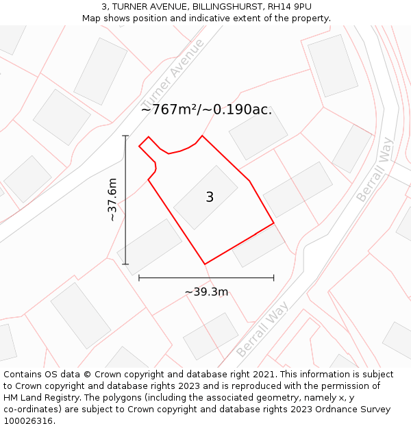 3, TURNER AVENUE, BILLINGSHURST, RH14 9PU: Plot and title map