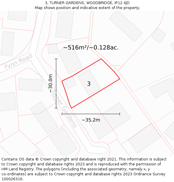 3, TURNER GARDENS, WOODBRIDGE, IP12 4JD: Plot and title map