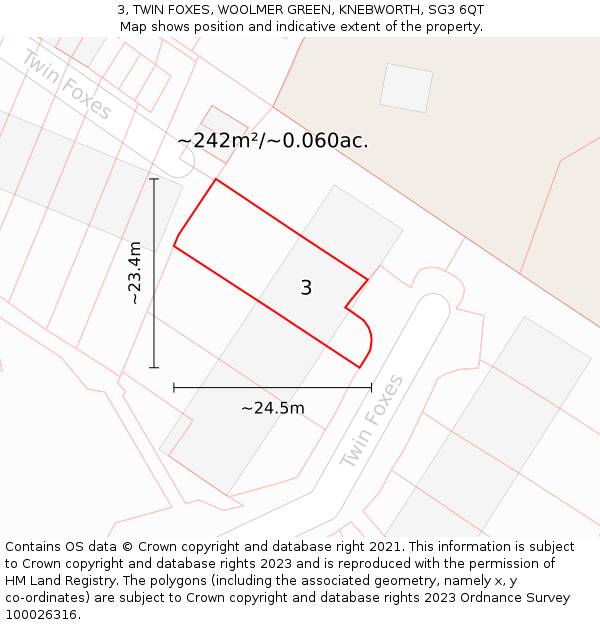 3, TWIN FOXES, WOOLMER GREEN, KNEBWORTH, SG3 6QT: Plot and title map