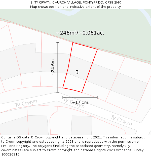 3, TY CRWYN, CHURCH VILLAGE, PONTYPRIDD, CF38 2HX: Plot and title map