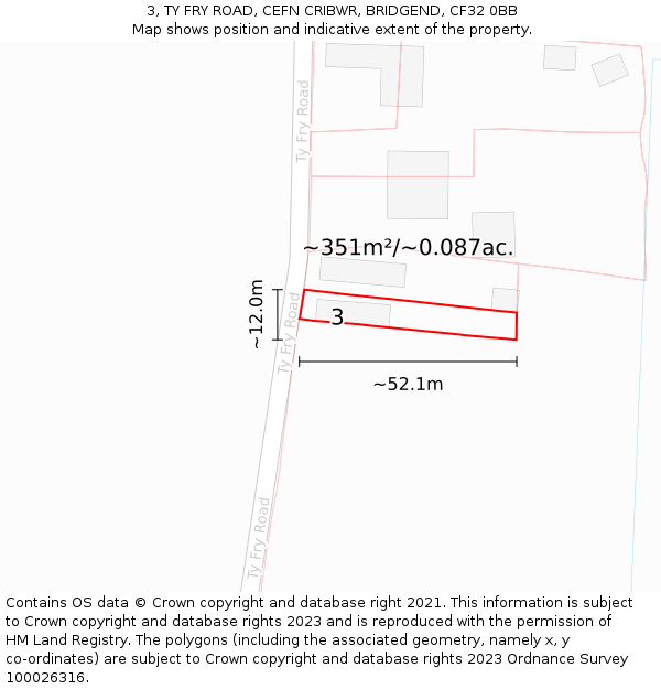 3, TY FRY ROAD, CEFN CRIBWR, BRIDGEND, CF32 0BB: Plot and title map