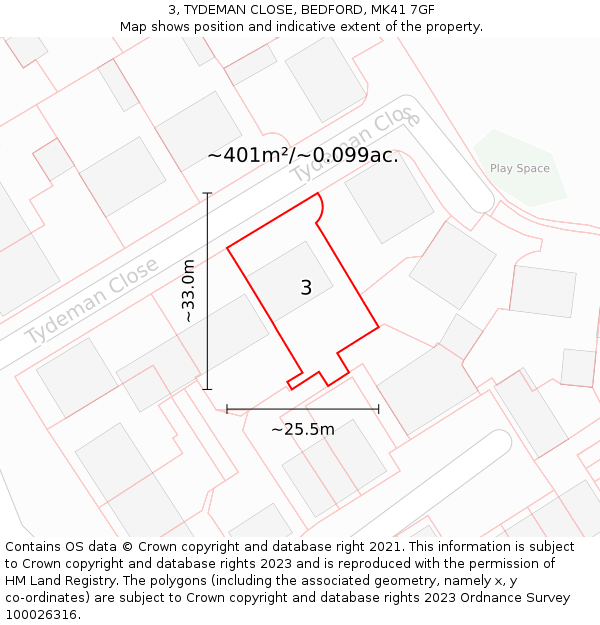 3, TYDEMAN CLOSE, BEDFORD, MK41 7GF: Plot and title map