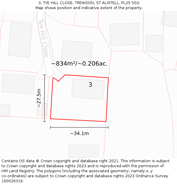 3, TYE HILL CLOSE, TREWOON, ST AUSTELL, PL25 5SG: Plot and title map