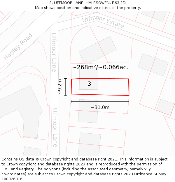 3, UFFMOOR LANE, HALESOWEN, B63 1DJ: Plot and title map