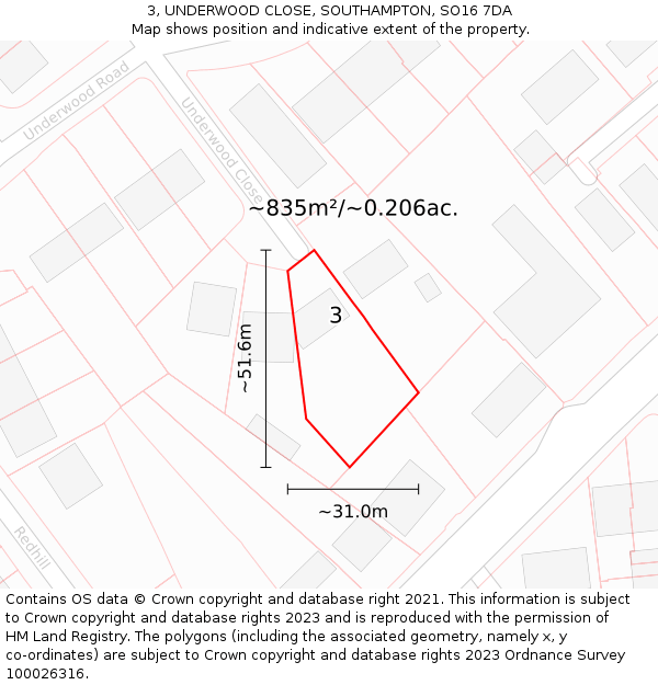 3, UNDERWOOD CLOSE, SOUTHAMPTON, SO16 7DA: Plot and title map