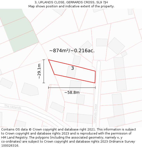 3, UPLANDS CLOSE, GERRARDS CROSS, SL9 7JH: Plot and title map