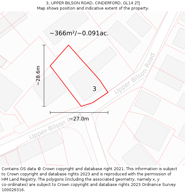 3, UPPER BILSON ROAD, CINDERFORD, GL14 2TJ: Plot and title map