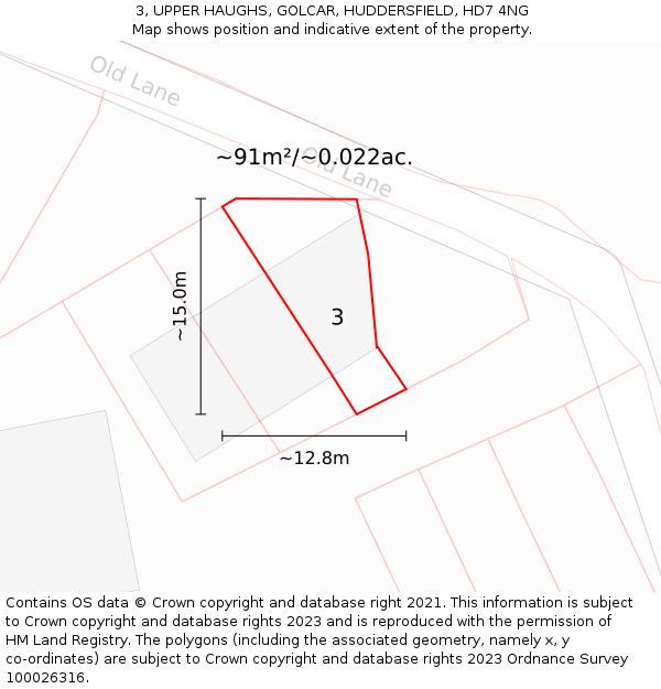 3, UPPER HAUGHS, GOLCAR, HUDDERSFIELD, HD7 4NG: Plot and title map