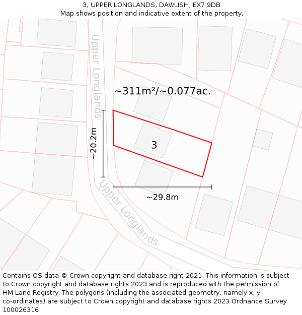 3, UPPER LONGLANDS, DAWLISH, EX7 9DB: Plot and title map