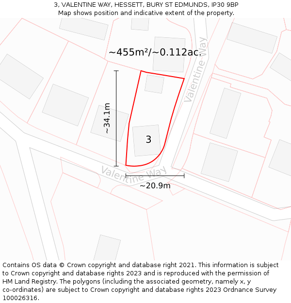 3, VALENTINE WAY, HESSETT, BURY ST EDMUNDS, IP30 9BP: Plot and title map