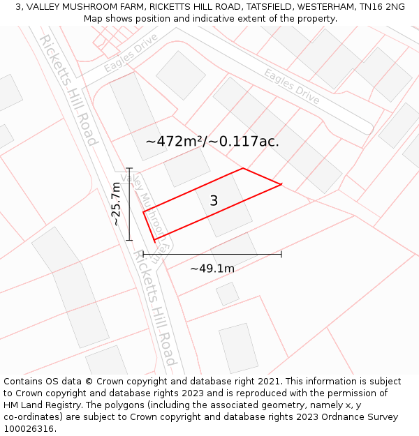 3, VALLEY MUSHROOM FARM, RICKETTS HILL ROAD, TATSFIELD, WESTERHAM, TN16 2NG: Plot and title map