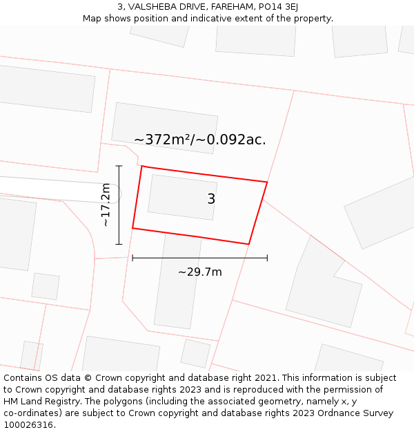 3, VALSHEBA DRIVE, FAREHAM, PO14 3EJ: Plot and title map