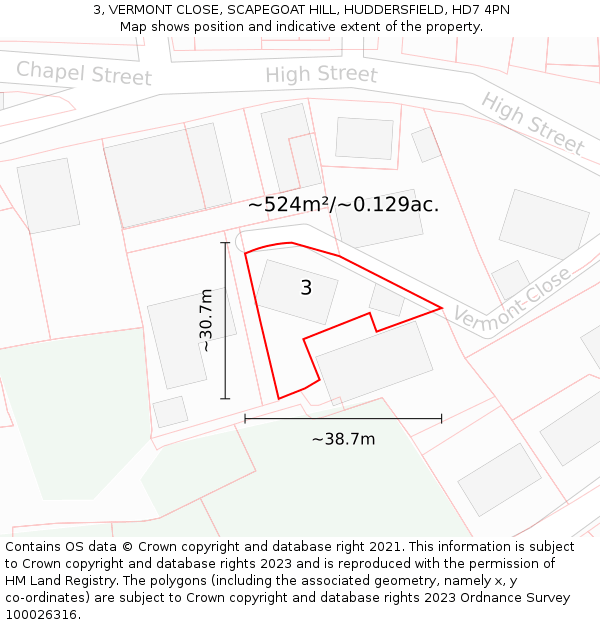 3, VERMONT CLOSE, SCAPEGOAT HILL, HUDDERSFIELD, HD7 4PN: Plot and title map