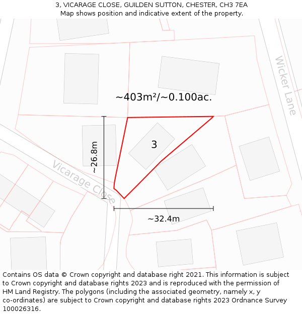 3, VICARAGE CLOSE, GUILDEN SUTTON, CHESTER, CH3 7EA: Plot and title map