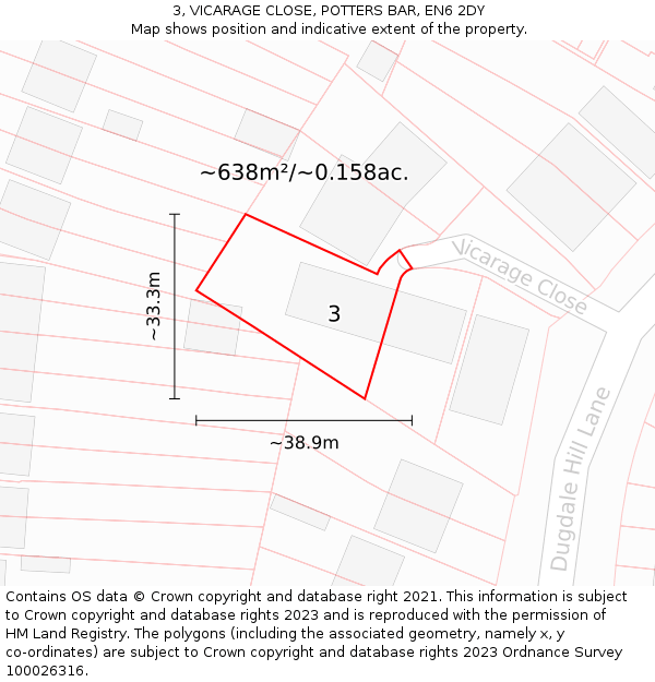 3, VICARAGE CLOSE, POTTERS BAR, EN6 2DY: Plot and title map