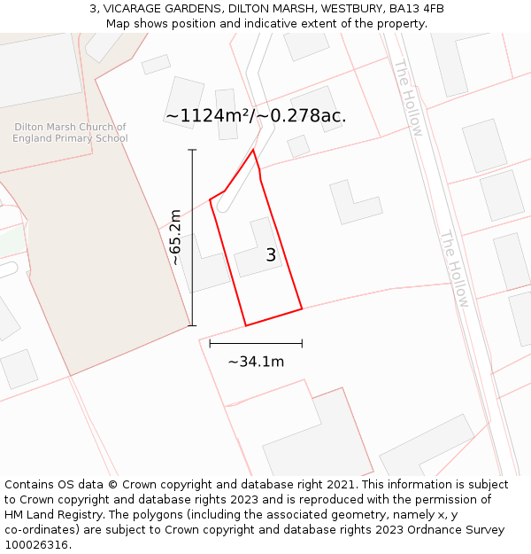 3, VICARAGE GARDENS, DILTON MARSH, WESTBURY, BA13 4FB: Plot and title map