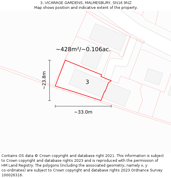 3, VICARAGE GARDENS, MALMESBURY, SN16 9NZ: Plot and title map