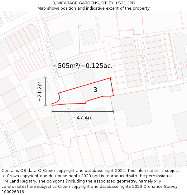 3, VICARAGE GARDENS, OTLEY, LS21 3PD: Plot and title map