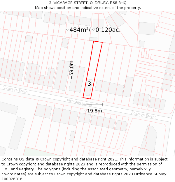 3, VICARAGE STREET, OLDBURY, B68 8HQ: Plot and title map