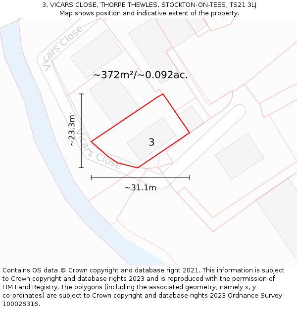 3, VICARS CLOSE, THORPE THEWLES, STOCKTON-ON-TEES, TS21 3LJ: Plot and title map